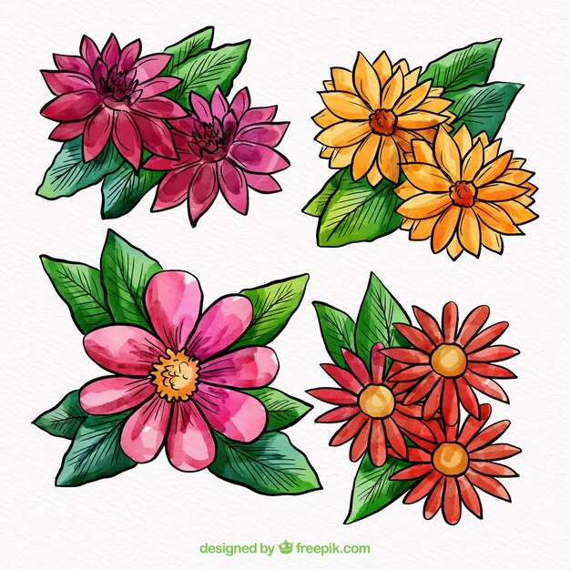 Colección de flores coloridas en estilo acuarela