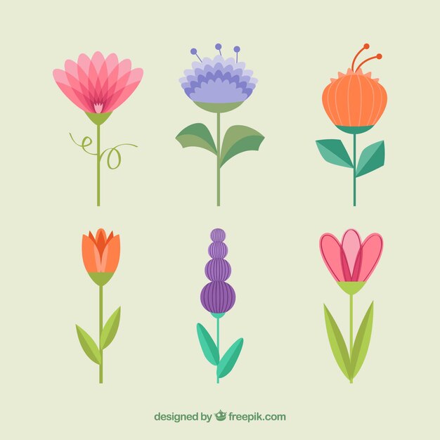 Colección de flores coloridas con tallo en estilo plano