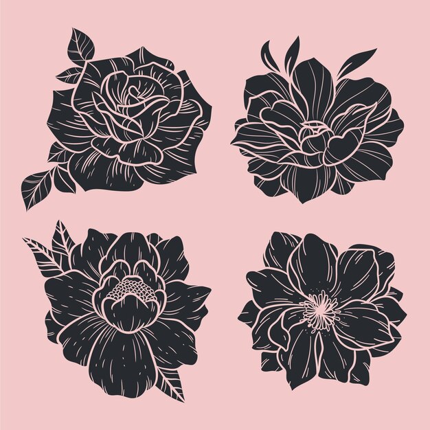 Colección de flores grabadas dibujadas a mano