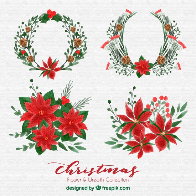 Colección de flores y guirnalda de navidad en acuarela