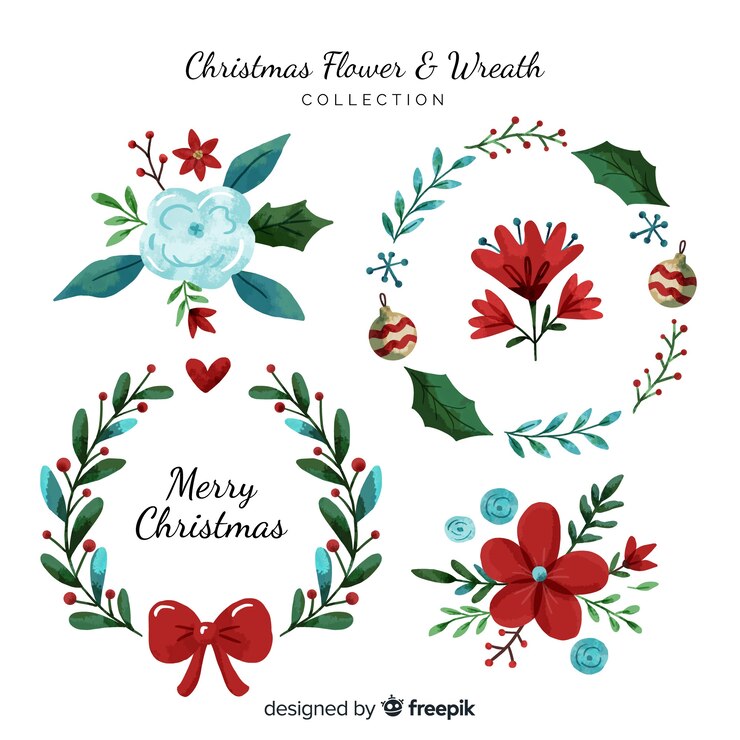 Vector gratuito colección de flores y guirnaldas de navidad en acuarela