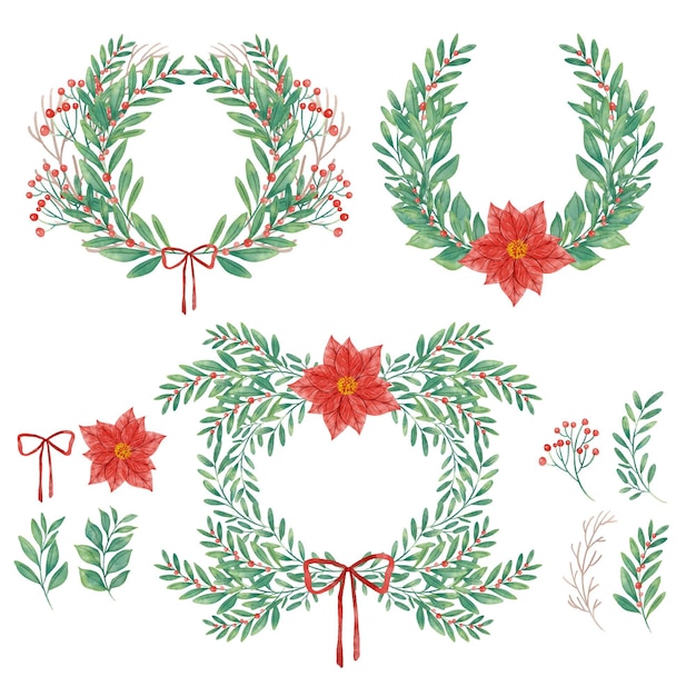 Colección de flores y guirnaldas de navidad en acuarela