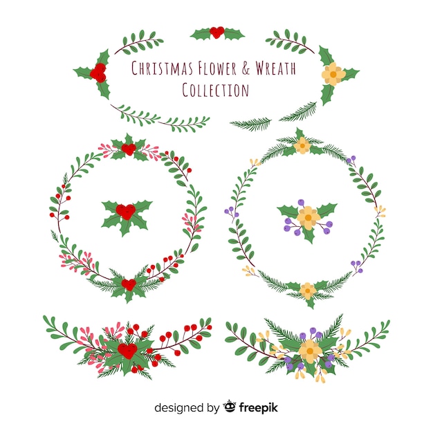 Colección de flores y guirnaldas de navidad dibujadas a mano