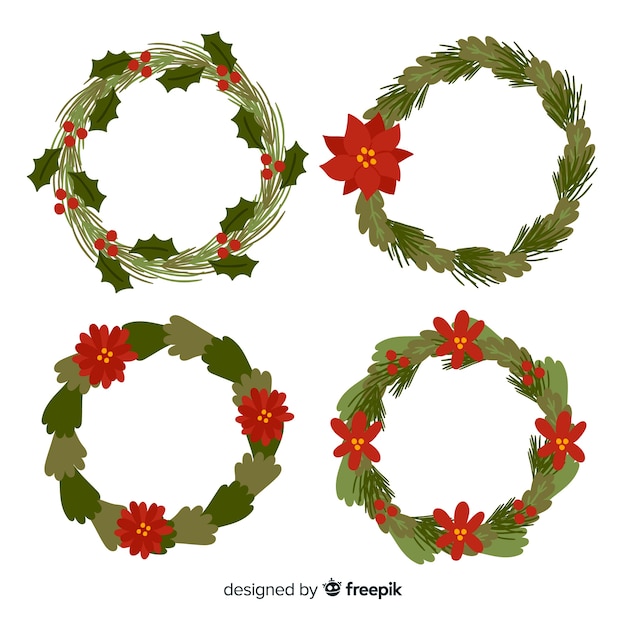 Colección de flores y guirnaldas de navidad dibujadas a mano