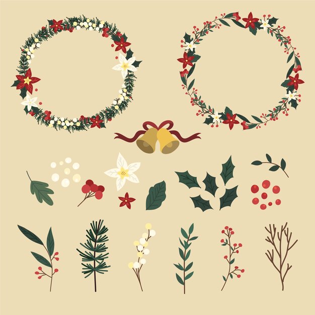 Colección de flores y guirnaldas de navidad dibujadas a mano