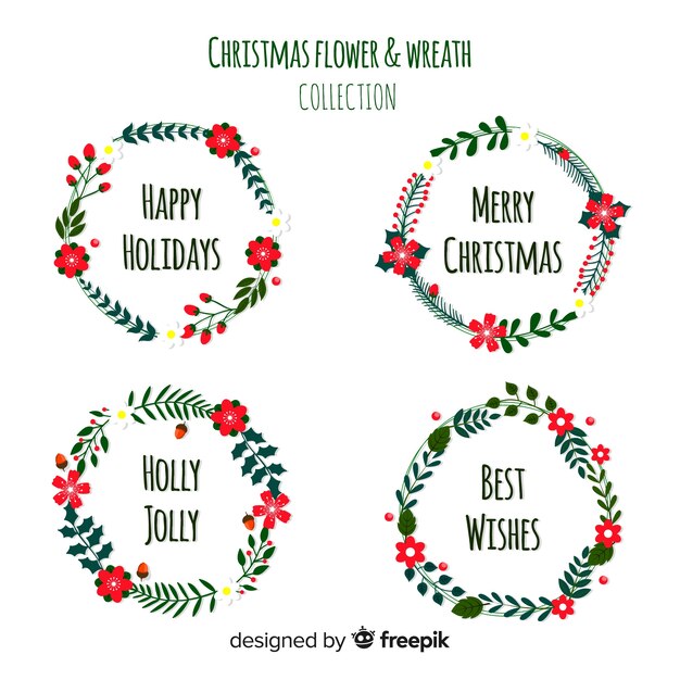 Colección de flores y guirnaldas de navidad en diseño plano