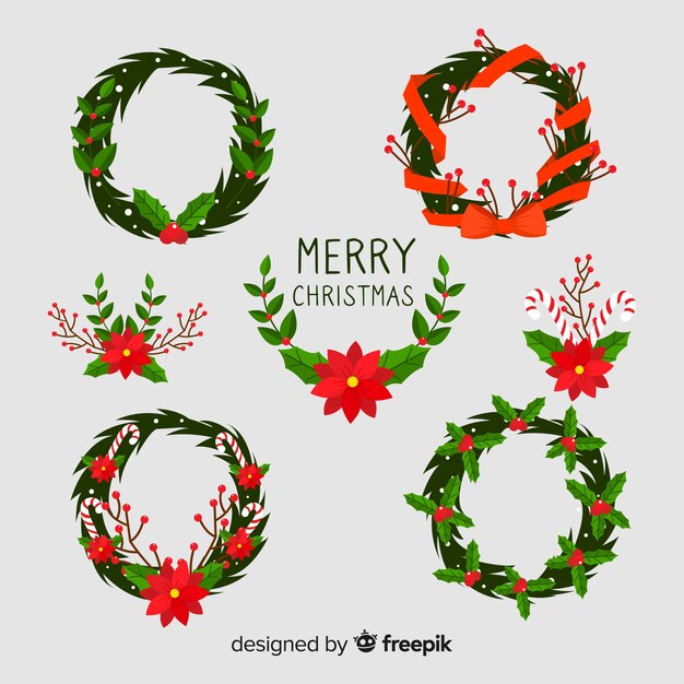 Colección de flores y guirnaldas de navidad en diseño plano