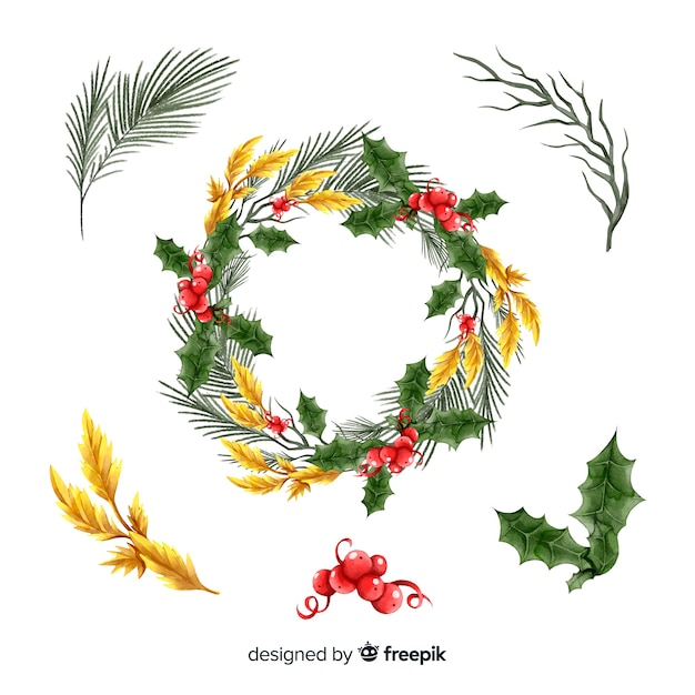 Vector gratuito colección de flores y guirnaldas navideñas de acuarela