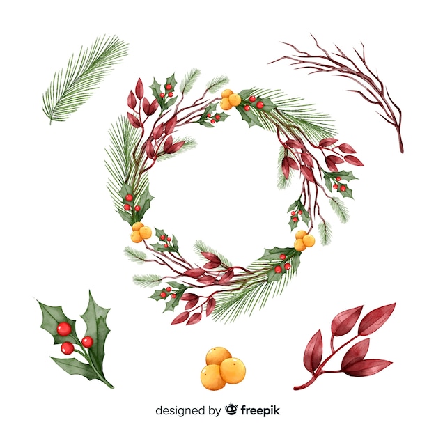 Colección de flores y guirnaldas navideñas en acuarela