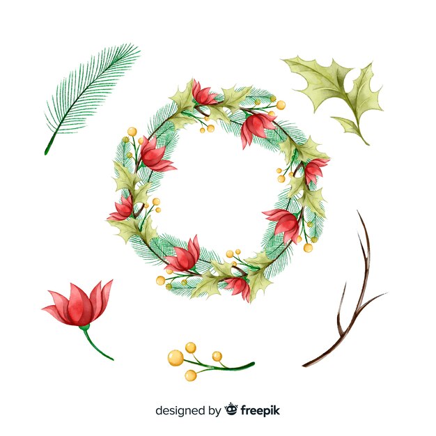 Colección de flores y guirnaldas navideñas en acuarela