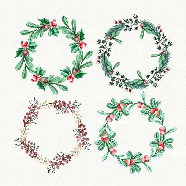 Colección de flores y guirnaldas navideñas en acuarela
