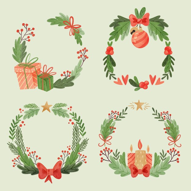 Colección de flores y guirnaldas navideñas en acuarela