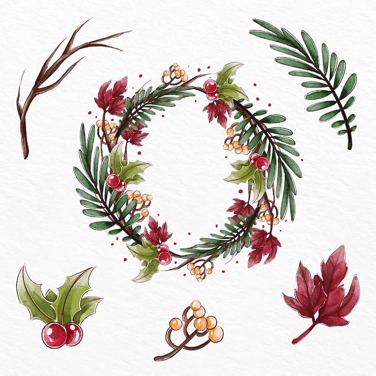 Vector gratuito colección de flores y guirnaldas navideñas en acuarela