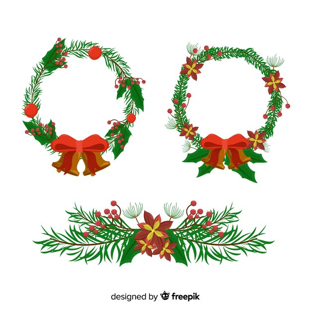Colección de flores y guirnaldas navideñas dibujadas a mano