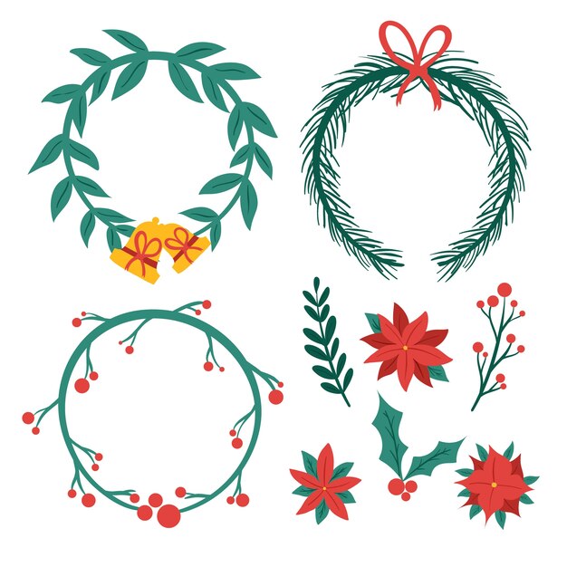 Colección de flores y guirnaldas navideñas dibujadas a mano