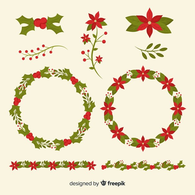 Colección de flores y guirnaldas navideñas en diseño plano