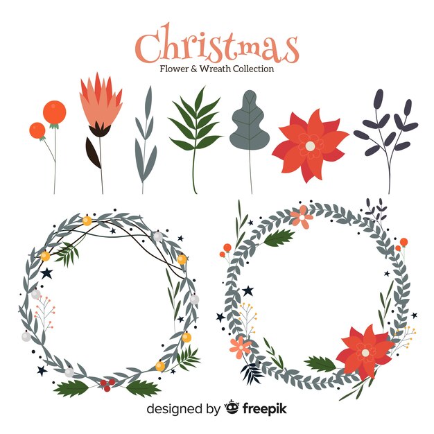 Colección de flores y guirnaldas navideñas en diseño plano