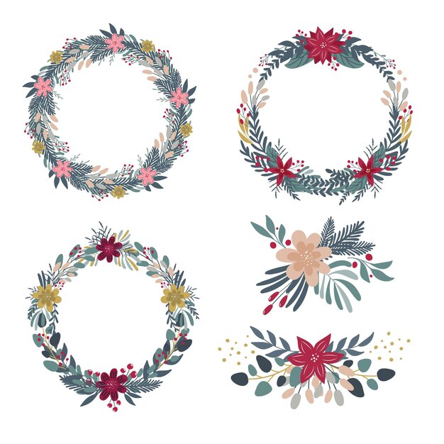 Colección de flores y guirnaldas navideñas en diseño plano