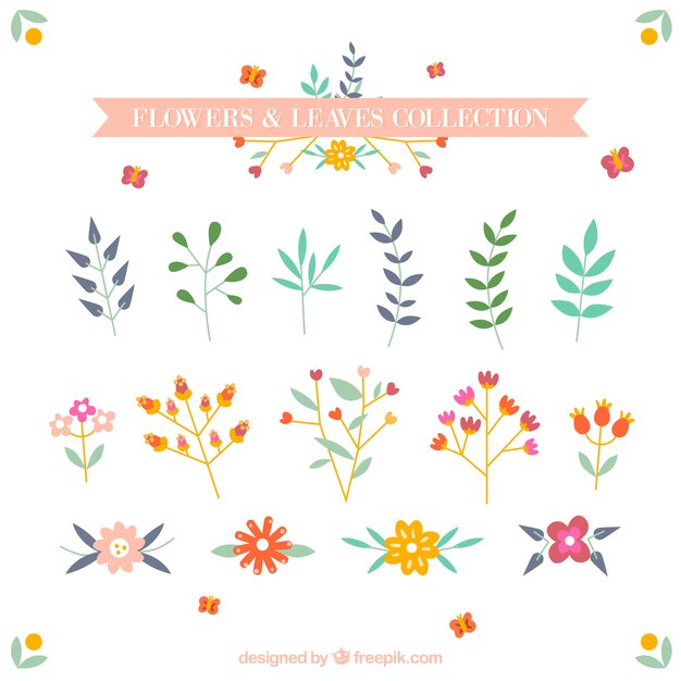 Colección de flores y hojas adorables