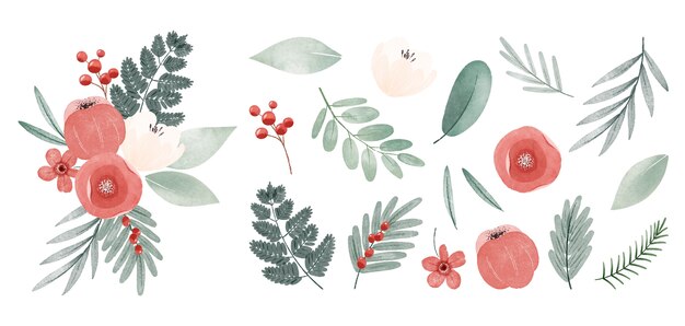 Colección de flores y hojas navideñas en acuarela