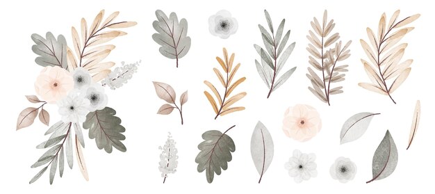 Colección de flores y hojas de otoño en acuarela con ramo