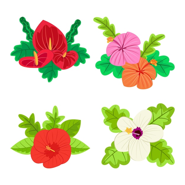 Colección de flores y hojas tropicales