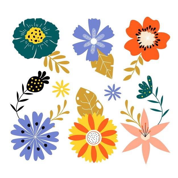 Colección de flores planas de primavera