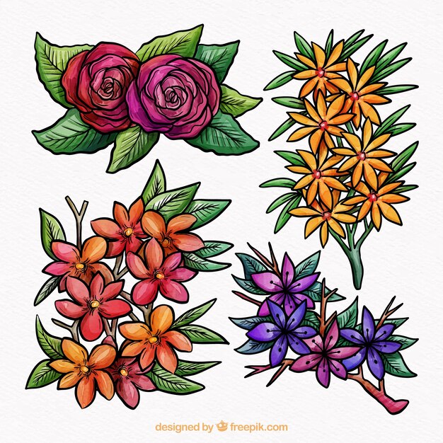 Colección de flores de primavera en acuarela