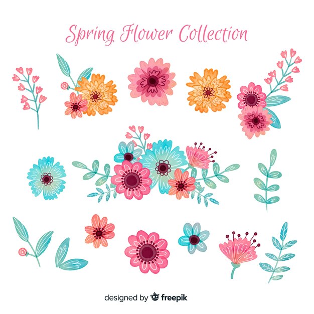 Colección de flores de primavera en acuarela