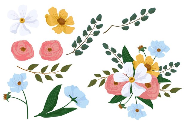 Colección de flores de primavera con detalles planos