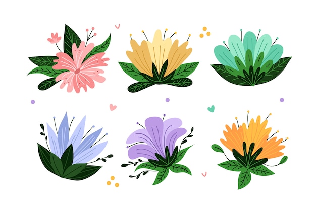 Colección de flores de primavera dibujada a mano aislada sobre fondo blanco