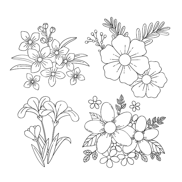 Colección de flores de primavera dibujada a mano