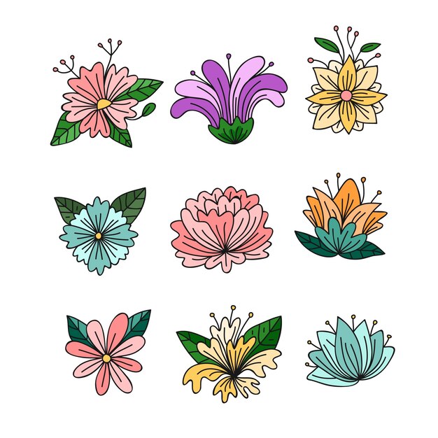 Colección de flores de primavera dibujadas a mano
