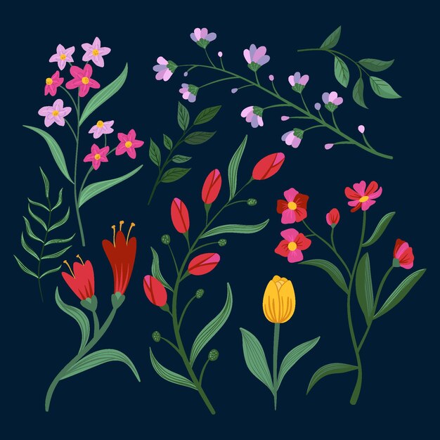 Colección de flores de primavera dibujadas a mano