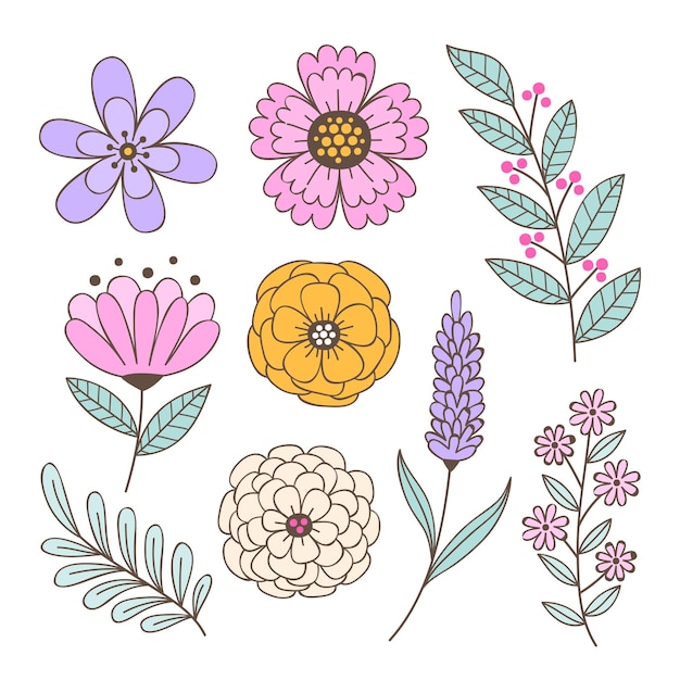 Colección de flores de primavera dibujadas a mano