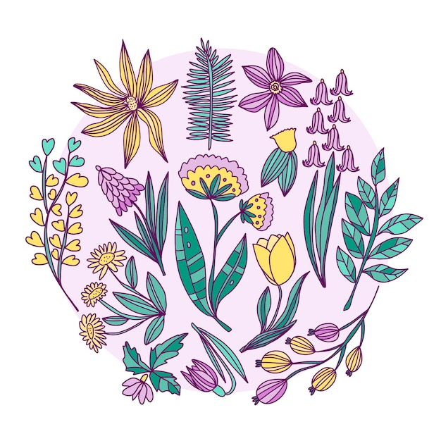Colección de flores de primavera dibujadas a mano