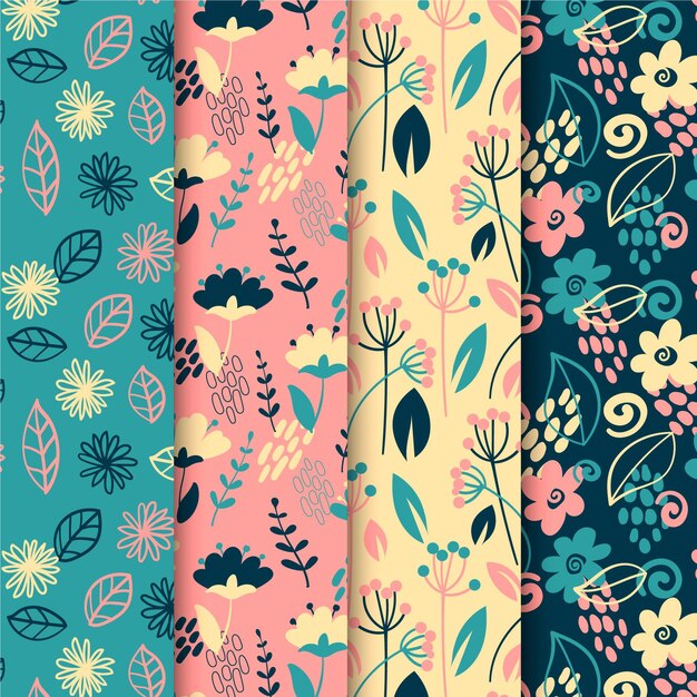 Colección de flores de primavera y patrón de hojas.