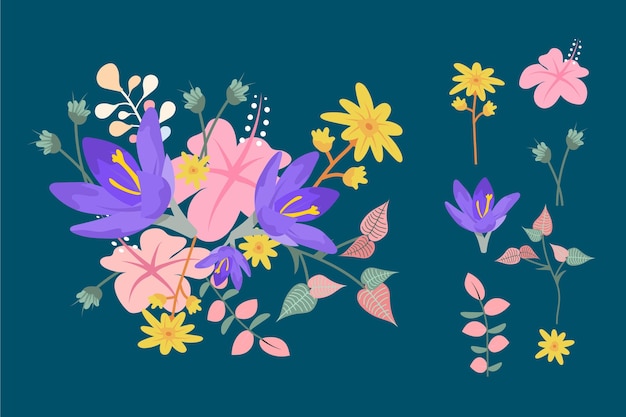 Colección de flores primaverales dibujadas a mano.
