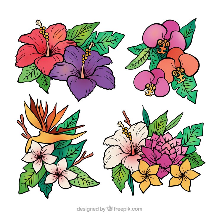 Vector gratuito colección de flores tropicales en estilo hecho a mano 