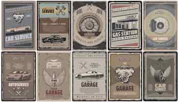 Vector gratuito colección de folletos de servicio de autos antiguos con motores de automóviles retro pistones banderas gasolinera y autopartes aisladas