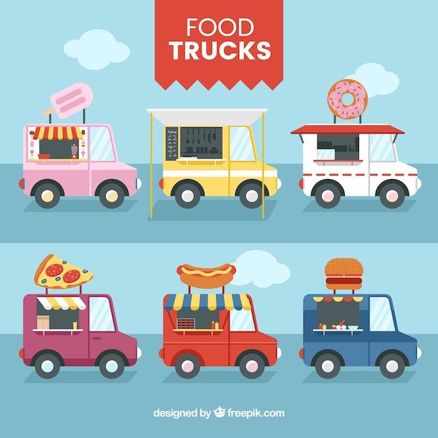 Vector gratuito colección de food trucks con diseño plano