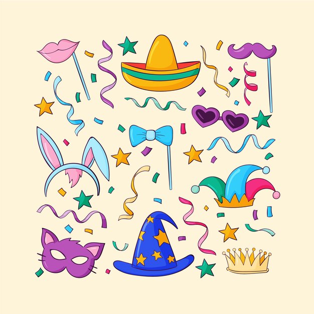 Colección de fotomatones de fiesta de carnaval dibujados a mano