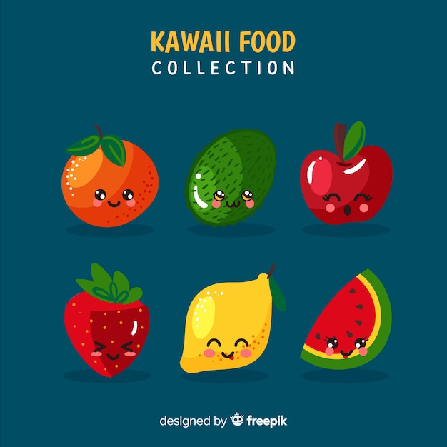 Vector gratuito colección fruta kawaii sonriente dibujado a mano