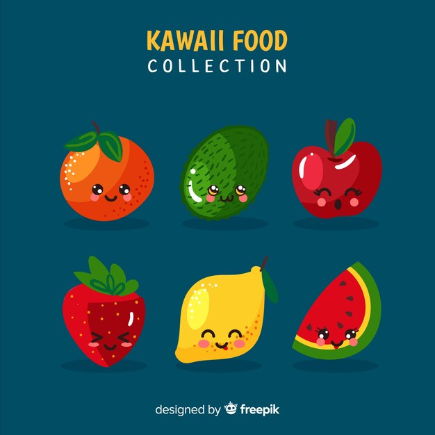 Colección fruta kawaii sonriente dibujado a mano