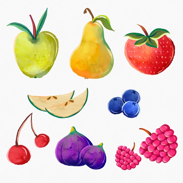 Colección de frutas en acuarela pintada a mano.
