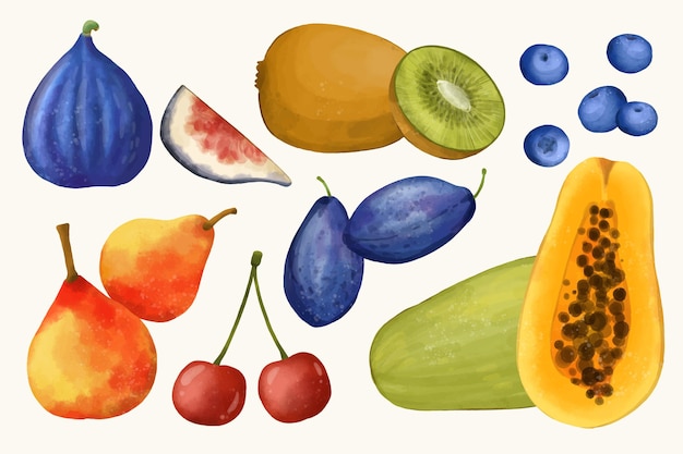 Colección de frutas en acuarela pintada a mano.