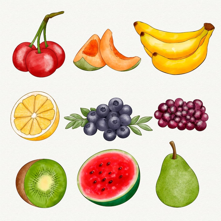 Vector gratuito colección de frutas en acuarela pintada a mano.