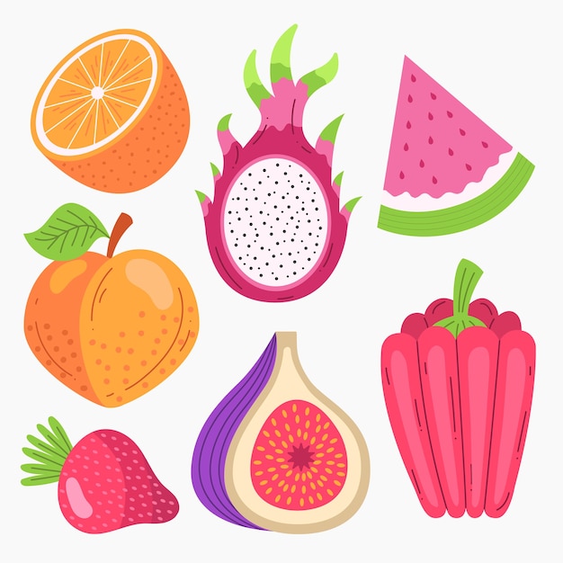 Vector gratuito colección de frutas deliciosas planas orgánicas