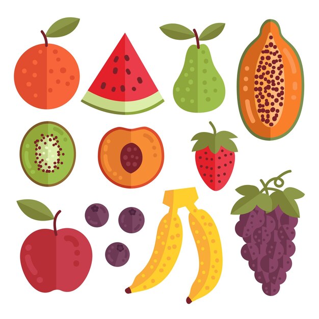 Colección de frutas deliciosas planas