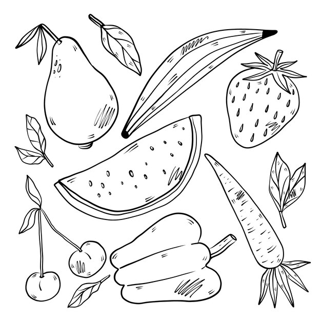 Colección de frutas dibujadas a mano grabado
